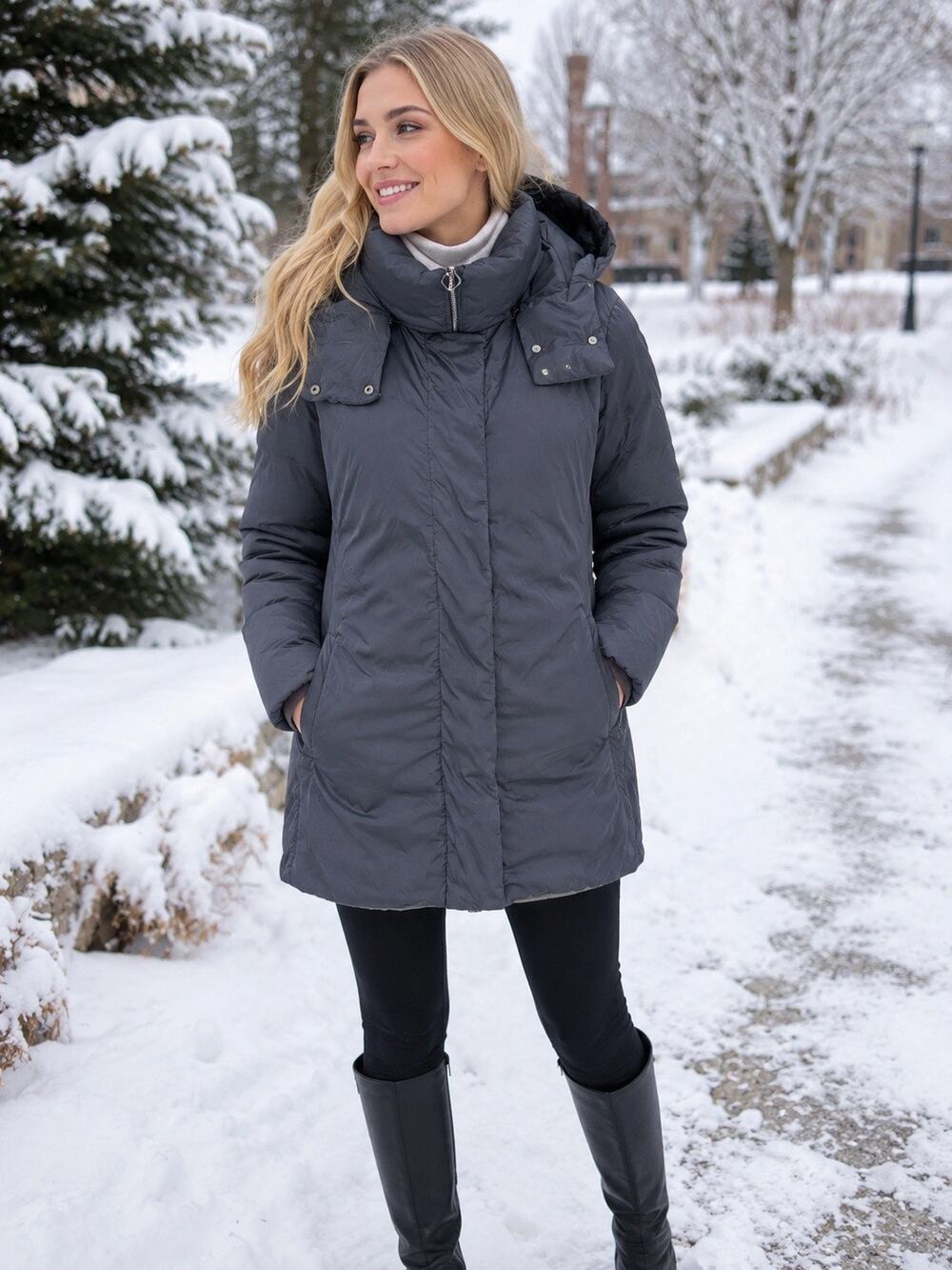 add Down Women's Glossy Gray Puffer Coat w/ attached hood. Size 8 *Missing belt*